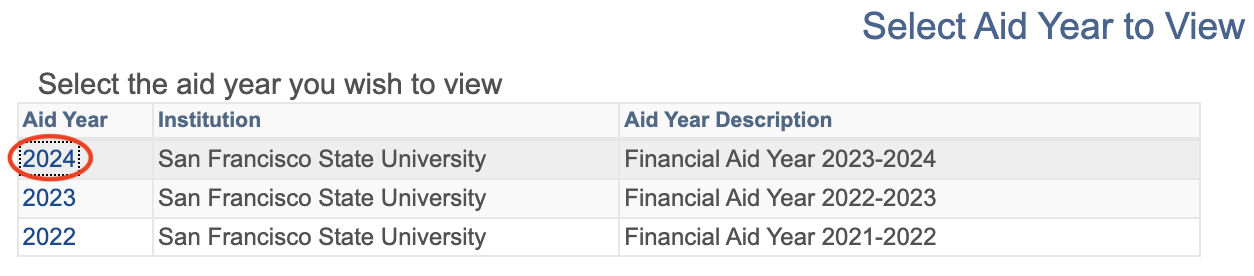 Student Center - View Financial Aid (By Year Section)