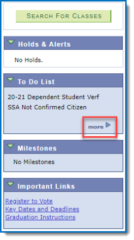 Student Center side menu with To Do list more link highlighted 