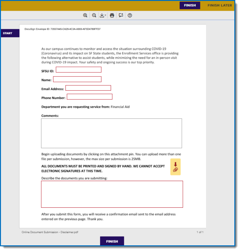 Docusign website showing a form template