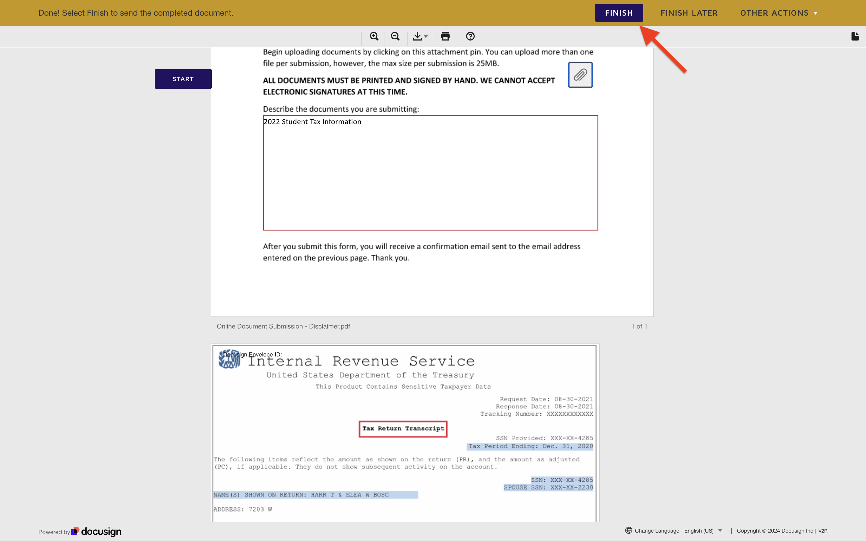 DocuSign - Finish Button