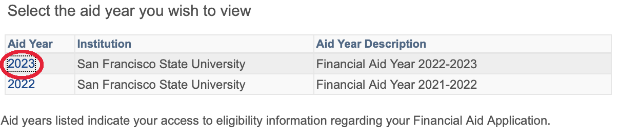 Student Center - View Financial Aid (By Year Section)