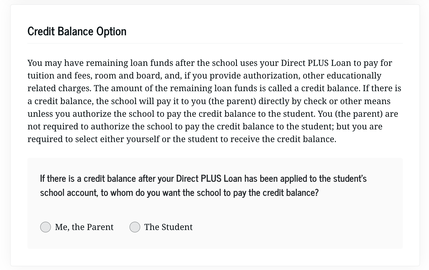 Parent PLUS Loan Application - Credit Balance