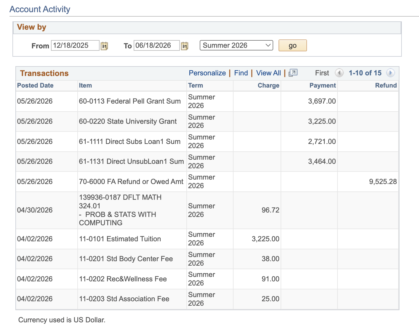 Student Center - Account Activity