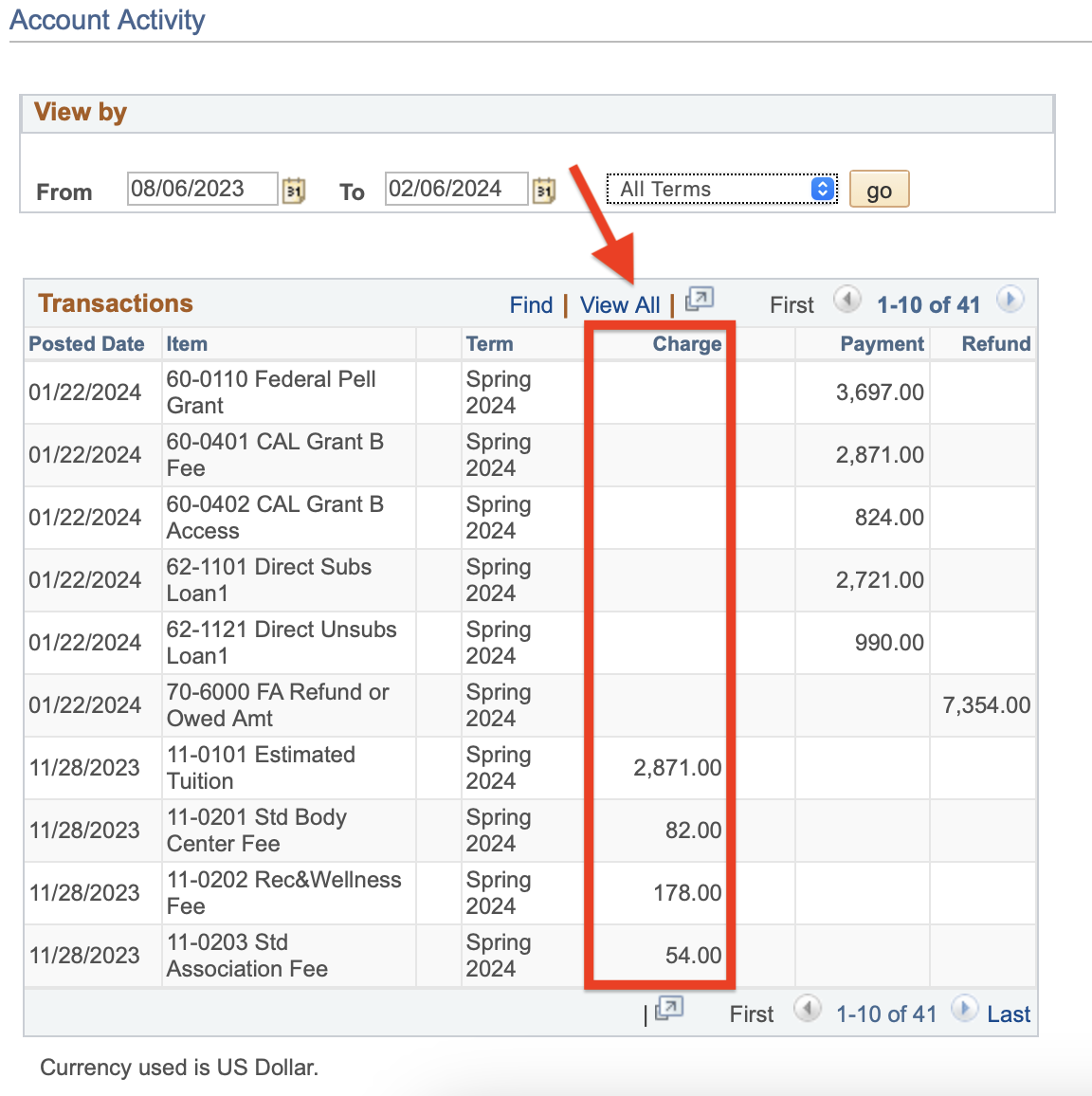 Student Center - Account Activity (Charge Column)