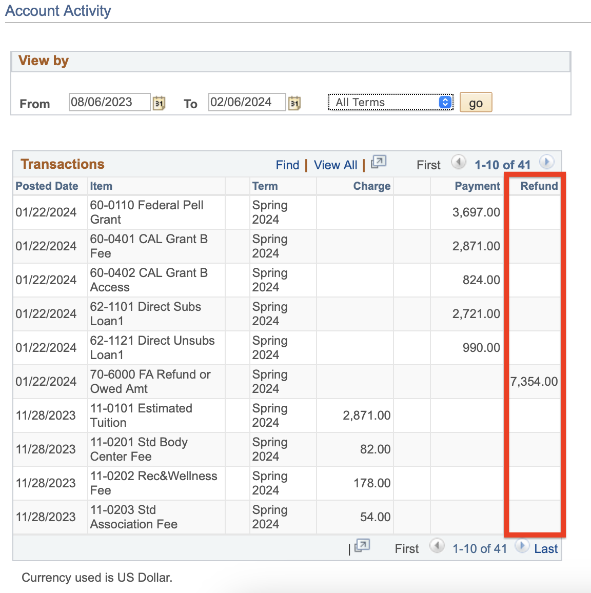 Student Center - Account Activity (Refund Column)