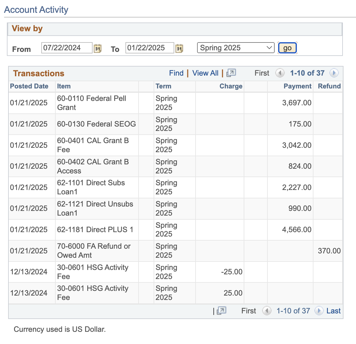 Student Center - Account Activity