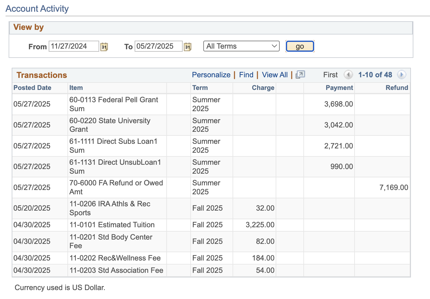 Student Center - Account Activity