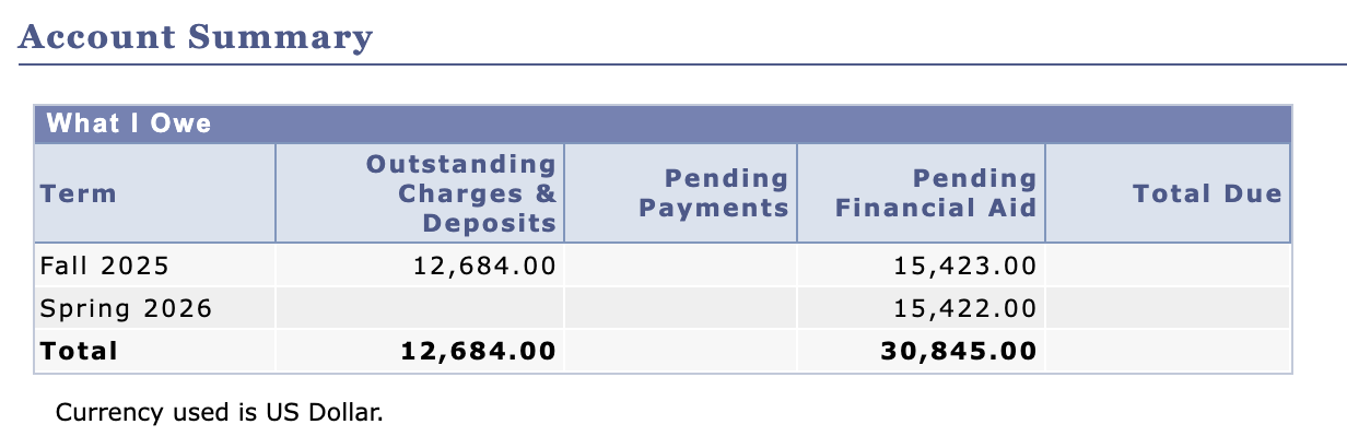 Student Center - Account Summary