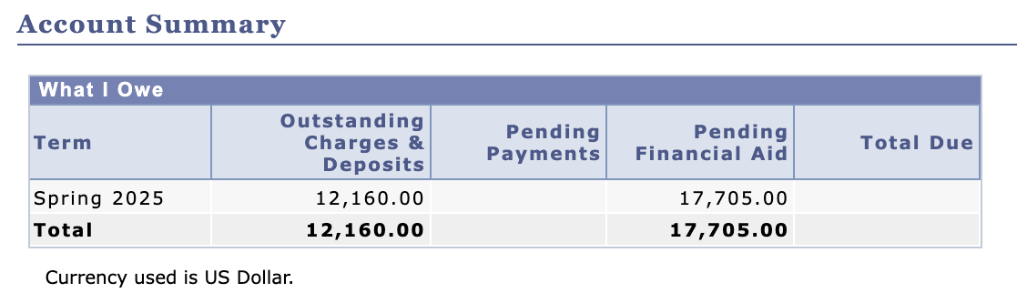 Student Center - Account Summary (Spring 2025)