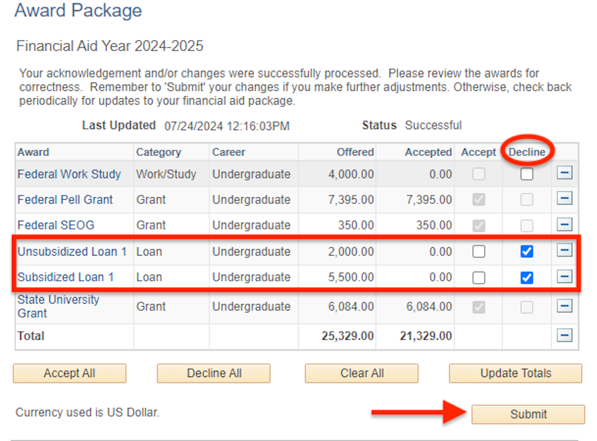 Student Center - Decline Checkbox