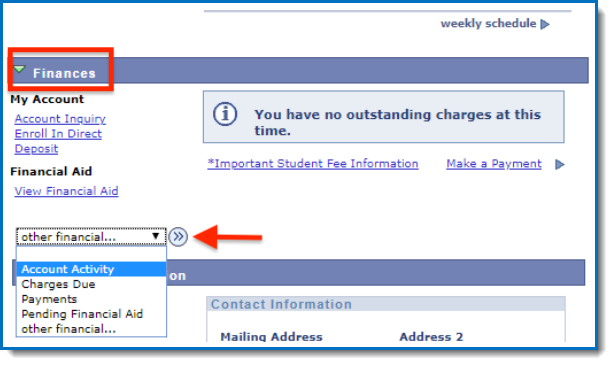 Student Center - Finances (Drop Down Menu)