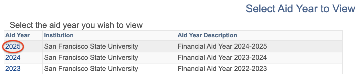 Student Center - Select Aid Year Section (2025)