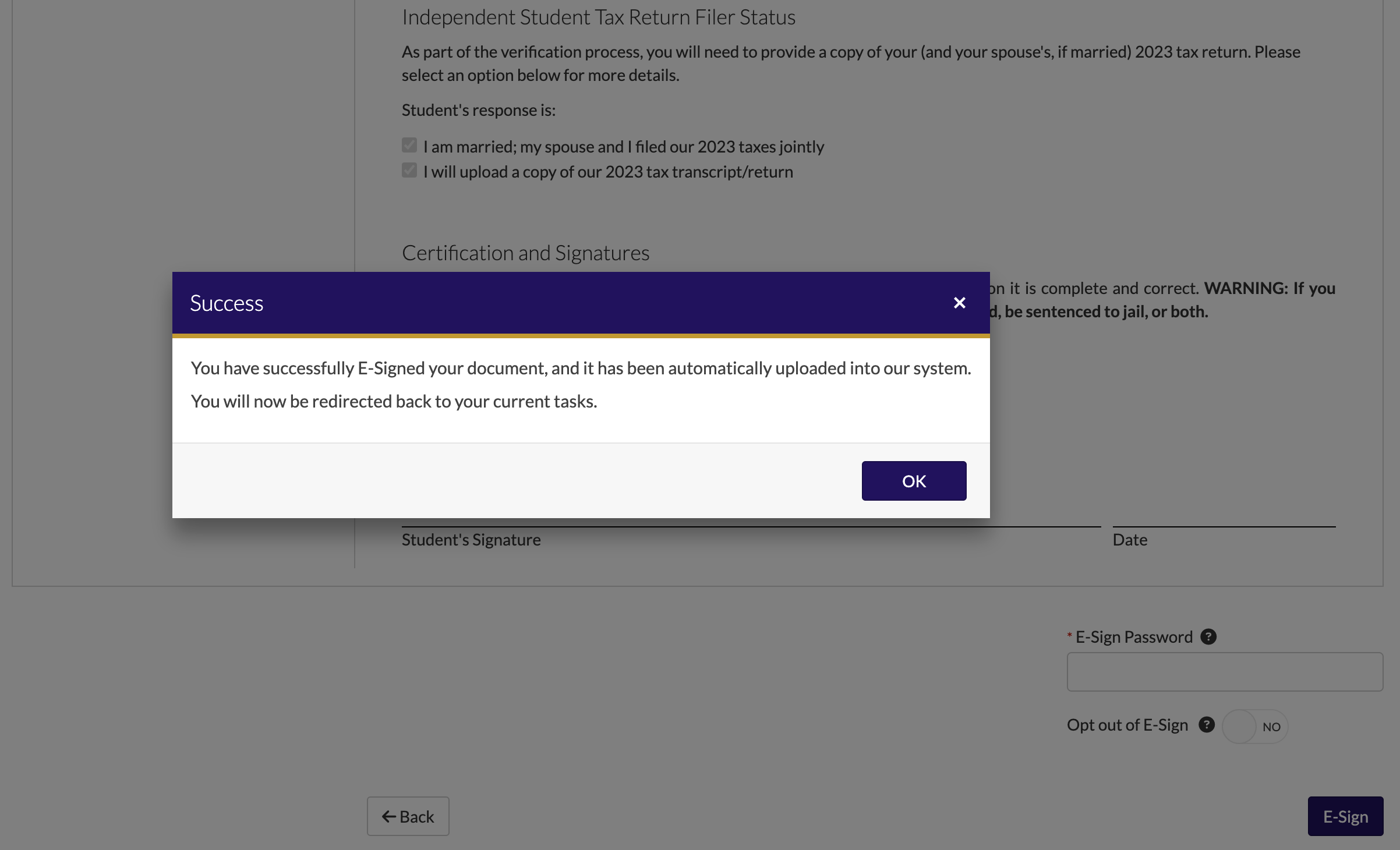 Student Forms - Successful Form Signature