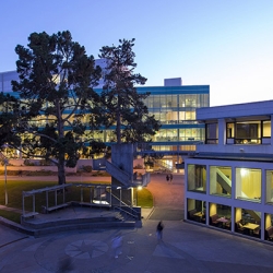 A picture of the SFSU library and Caesar Chavez center during twilight 